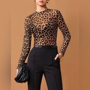 Leopard Print Long Sleeve Mesh Top